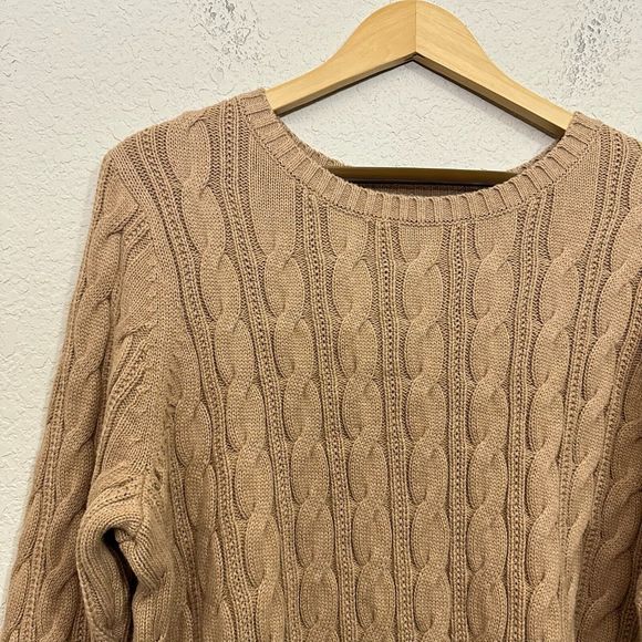 NWT LANDS' END Long Sleeve Cable Knit Crew Neck Pullover Sweater in Tan - Picture 2 of 8